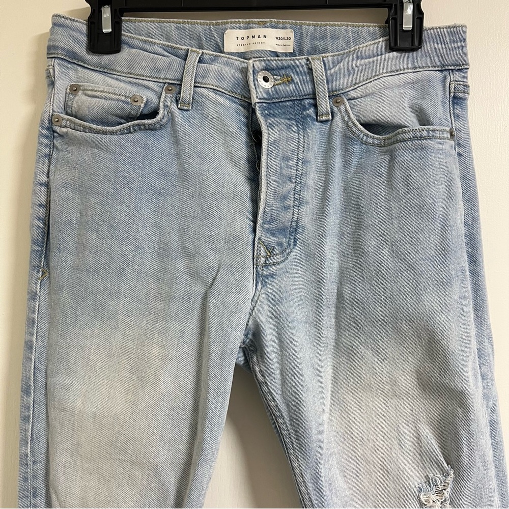 TOPMAN Stretch Skinny Distressed Jeans Light Blue 30x30 - Picture 3 of 9